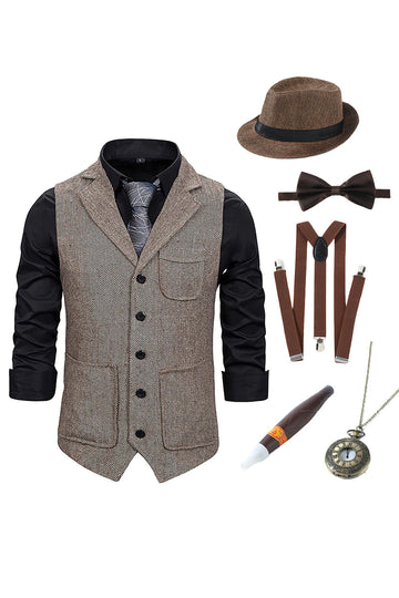 Chaleco de solapa marrón con muescas para hombre con conjunto de accesorios de 5 piezas